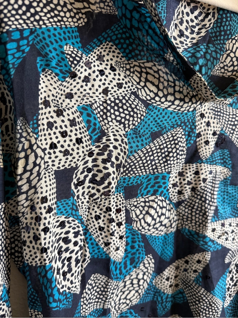 Tory Burch Blue Cotton Seashell Print Sequin Top Size 2 Coastal Grandma Summer - Picture 3 of 9